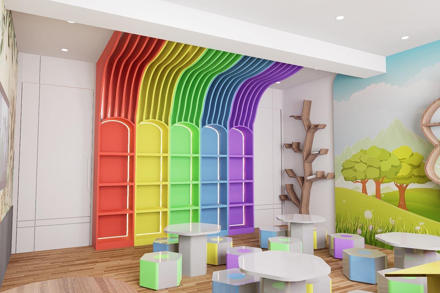 Colorful rainbow classroom shelving